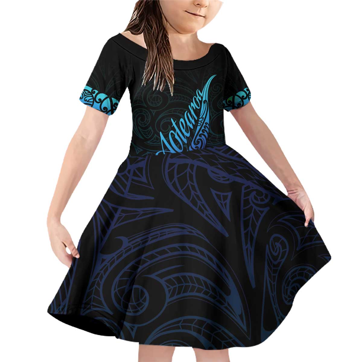 Aotearoa New Zealand Family Matching Off Shoulder Short Dress and Hawaiian Shirt Koru Fern Blue Gradient LT05 Daughter's Dress Blue - Polynesian Pride