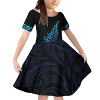 Aotearoa New Zealand Family Matching Off Shoulder Short Dress and Hawaiian Shirt Koru Fern Blue Gradient LT05 Daughter's Dress Blue - Polynesian Pride