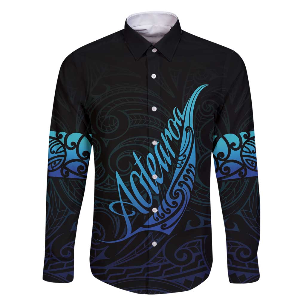 Aotearoa New Zealand Family Matching Puletasi and Hawaiian Shirt Koru Fern Blue Gradient LT05 Dad's Shirt - Long Sleeve Blue - Polynesian Pride
