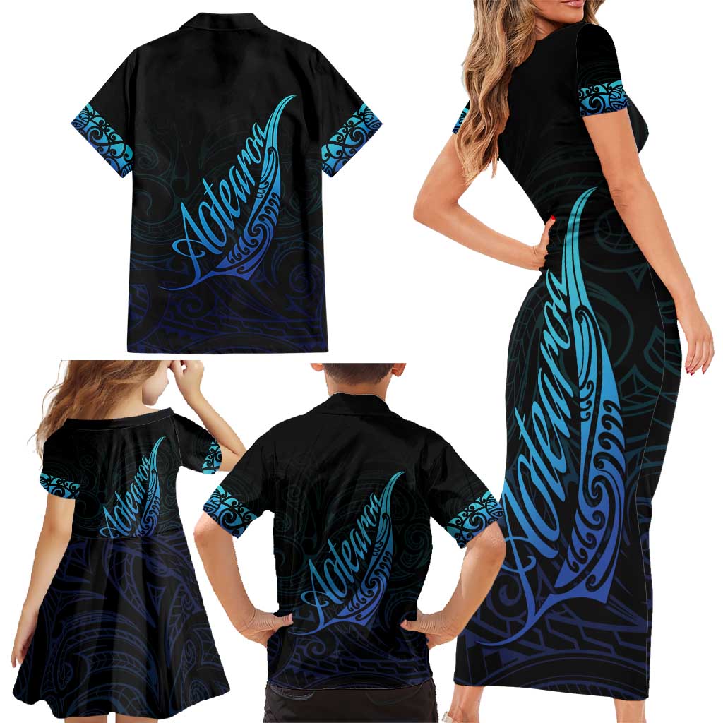 Aotearoa New Zealand Family Matching Short Sleeve Bodycon Dress and Hawaiian Shirt Koru Fern Blue Gradient LT05 - Polynesian Pride
