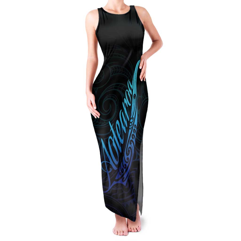 Aotearoa New Zealand Family Matching Tank Maxi Dress and Hawaiian Shirt Koru Fern Blue Gradient LT05 Mom's Dress Blue - Polynesian Pride