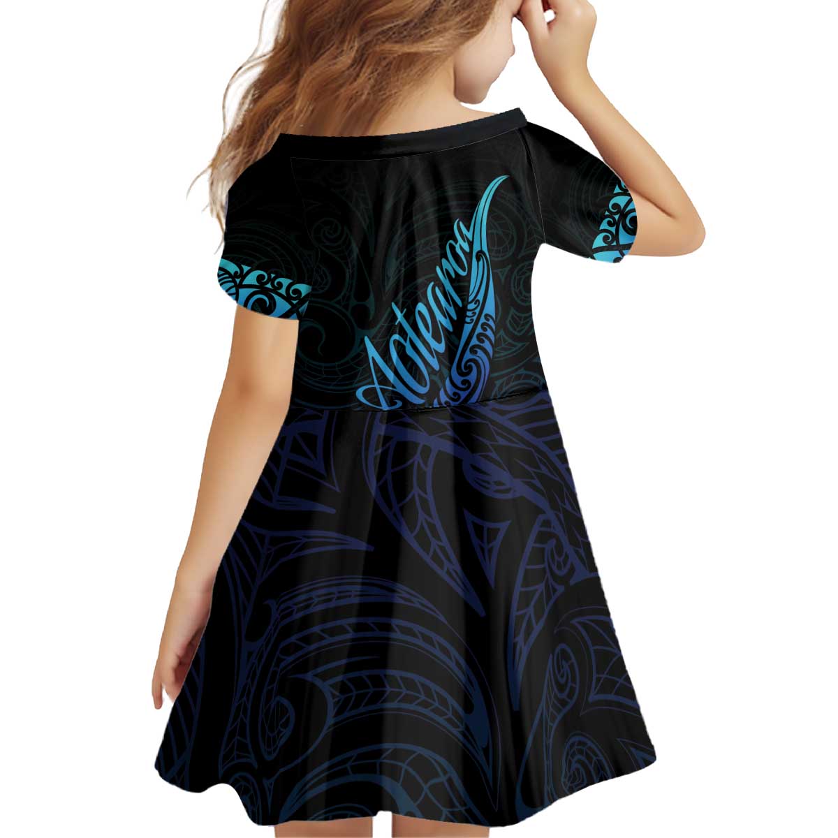 Aotearoa New Zealand Kid Short Sleeve Dress Koru Fern Blue Gradient LT05 - Polynesian Pride