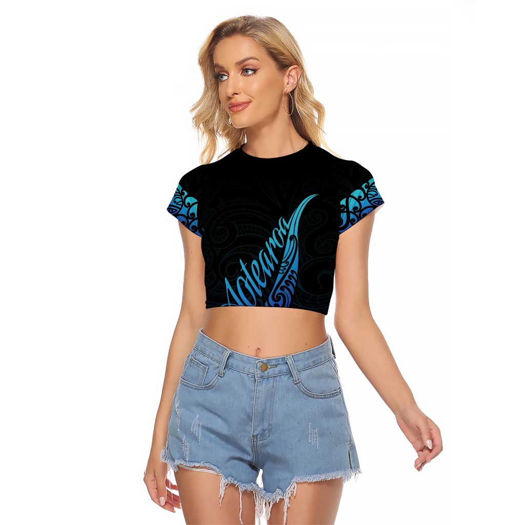 Aotearoa New Zealand Raglan Cropped T Shirt Koru Fern Blue Gradient