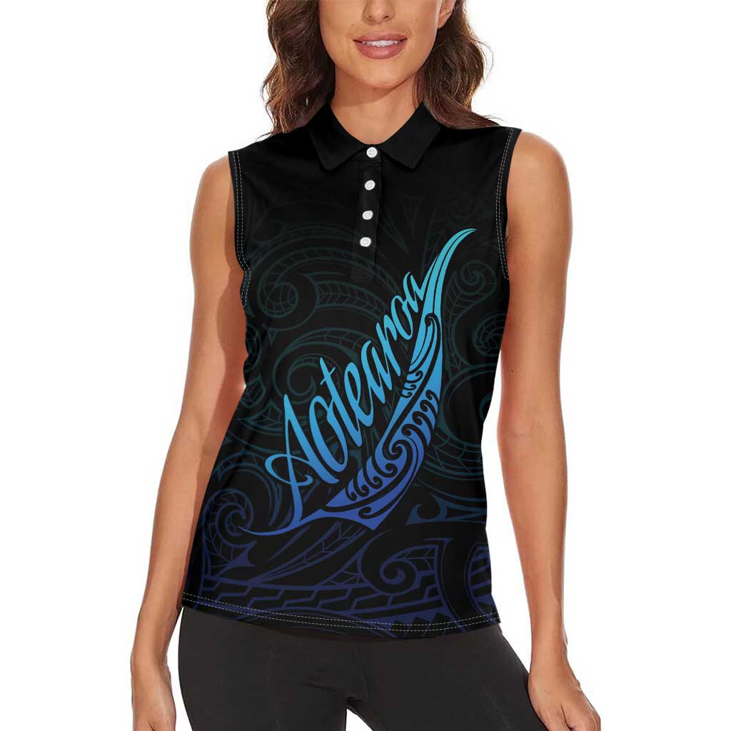 Aotearoa New Zealand Women Sleeveless Polo Shirt Koru Fern Blue Gradient LT05 - Polynesian Pride