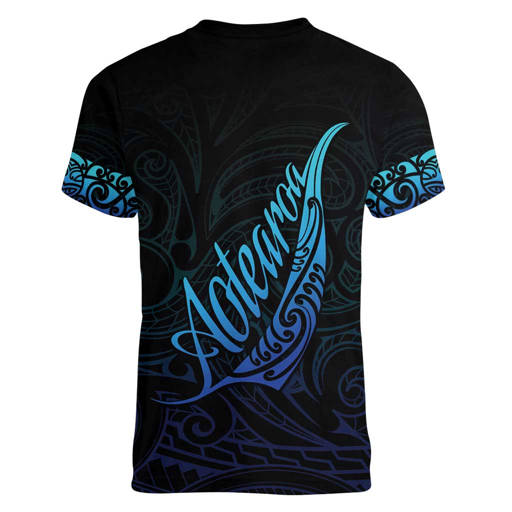 Aotearoa New Zealand Women V-Neck T-Shirt Koru Fern Blue Gradient LT05 - Polynesian Pride