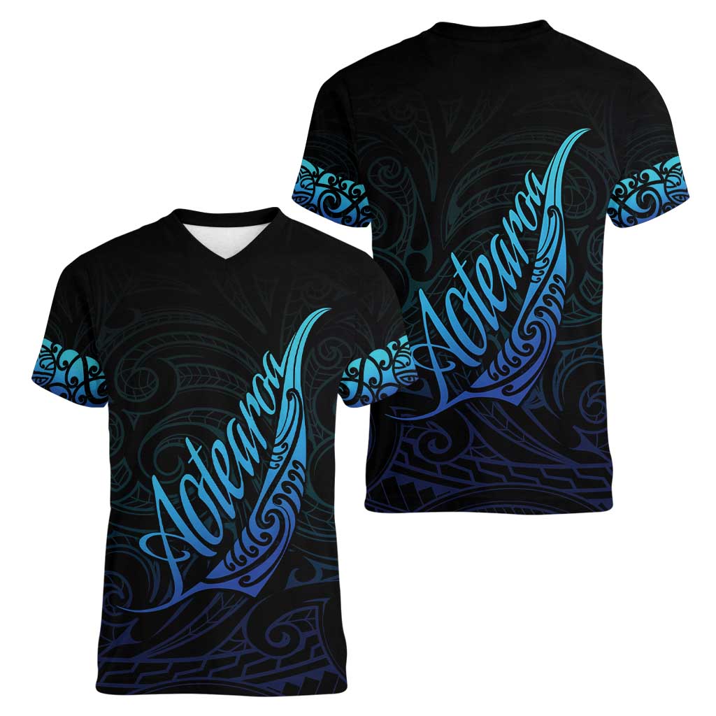 Aotearoa New Zealand Women V-Neck T-Shirt Koru Fern Blue Gradient LT05 - Polynesian Pride
