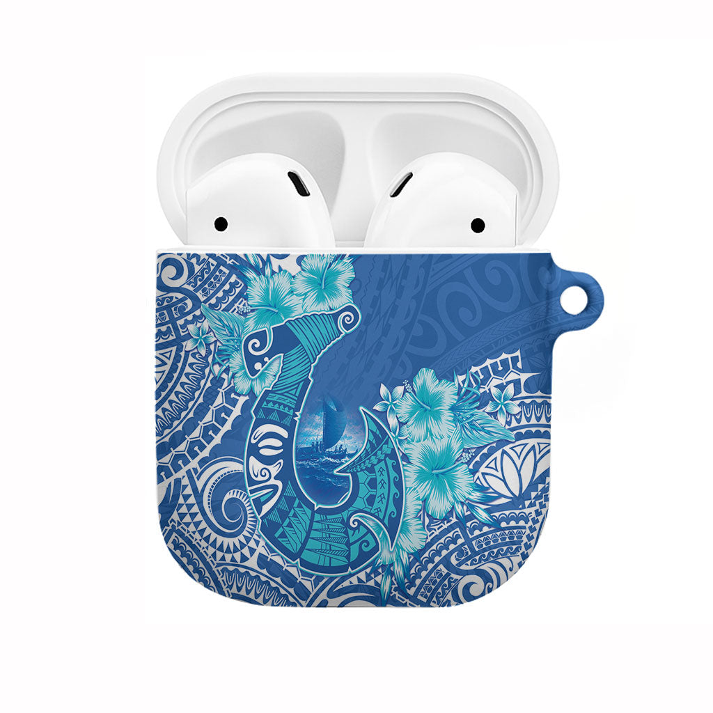 Hawaii Discoverers Day AirPods Case Polynesian Fish Hook With Hibiscus Blue
