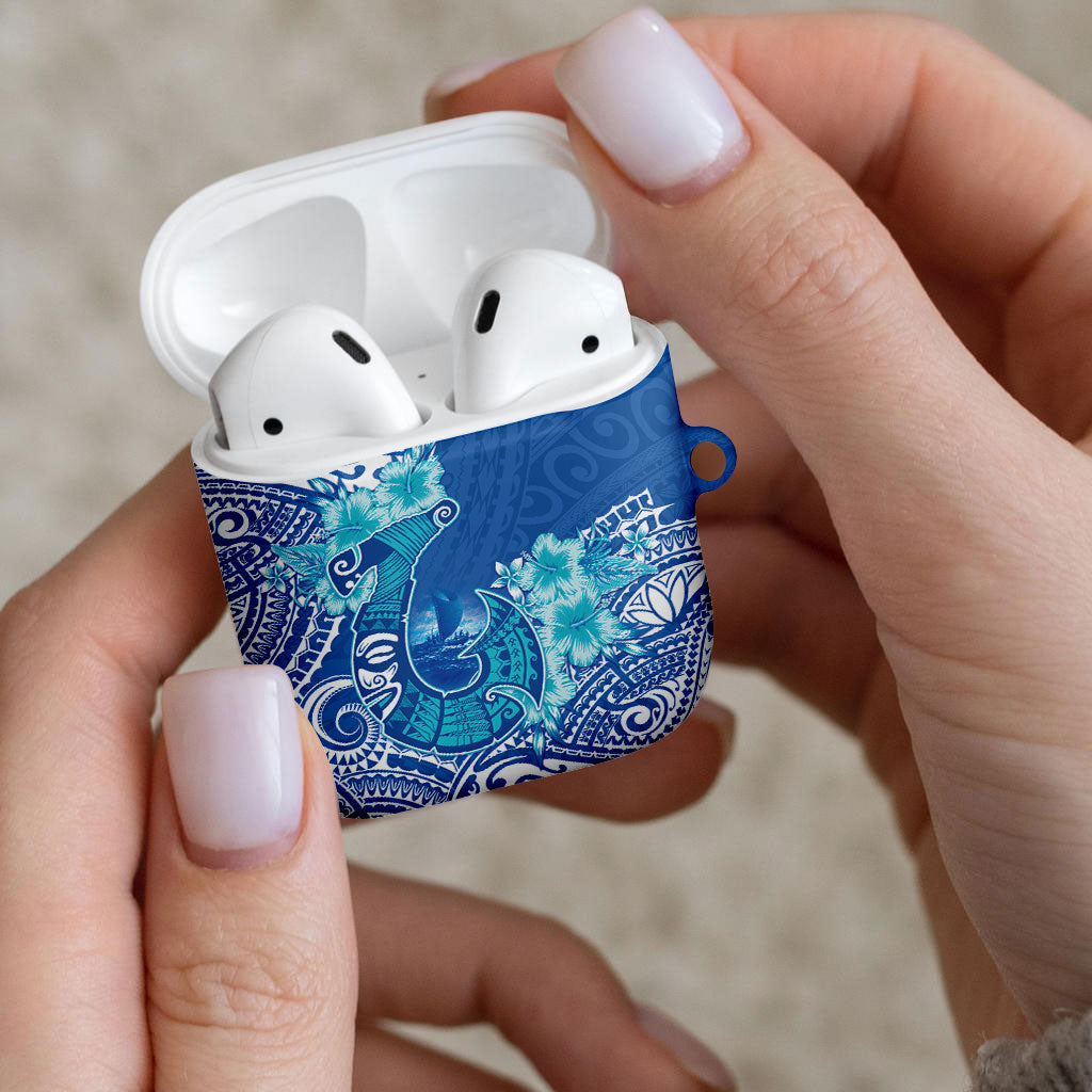 Hawaii Discoverers Day AirPods Case Polynesian Fish Hook With Hibiscus Blue
