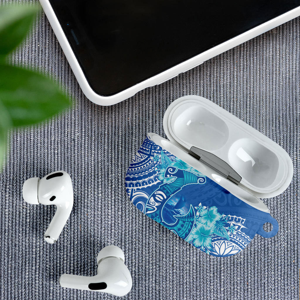 Hawaii Discoverers Day AirPods Case Polynesian Fish Hook With Hibiscus Blue