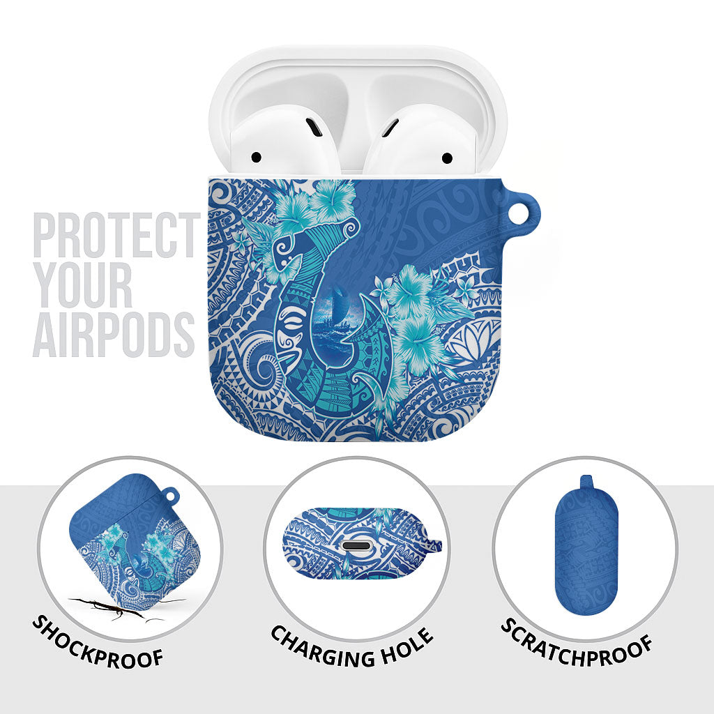 Hawaii Discoverers Day AirPods Case Polynesian Fish Hook With Hibiscus Blue
