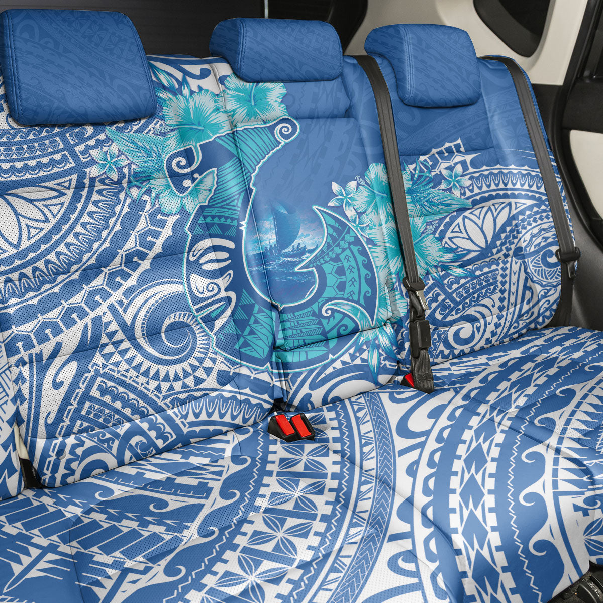 Hawaii Discoverers Day Back Car Seat Cover Polynesian Fish Hook With Hibiscus Blue