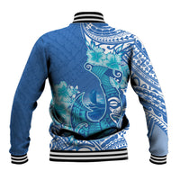 Hawaii Discoverers Day Baseball Jacket Polynesian Fish Hook With Hibiscus Blue