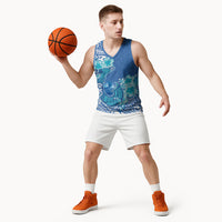 Hawaii Discoverers Day Basketball Jersey Polynesian Fish Hook With Hibiscus Blue