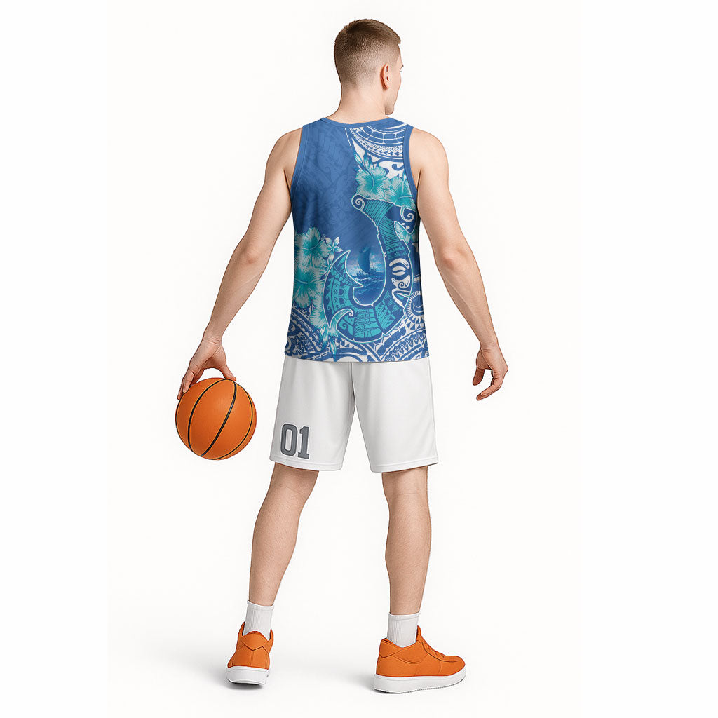 Hawaii Discoverers Day Basketball Jersey Polynesian Fish Hook With Hibiscus Blue