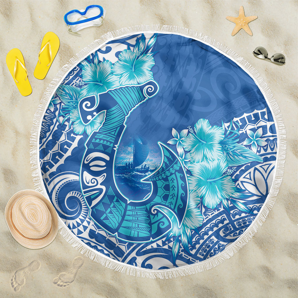 Hawaii Discoverers Day Beach Blanket Polynesian Fish Hook With Hibiscus Blue