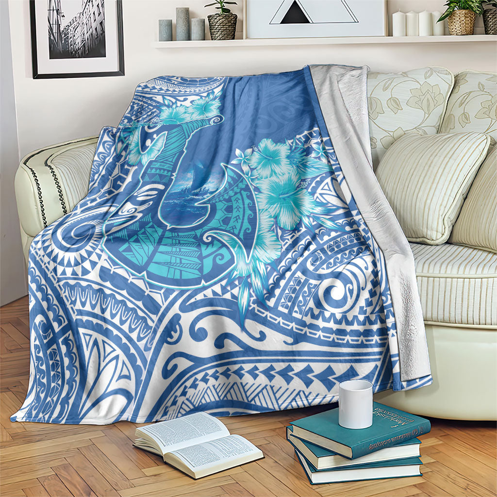 Hawaii Discoverers Day Blanket Polynesian Fish Hook With Hibiscus Blue LT05 Blue - Polynesian Pride