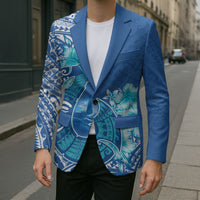 Hawaii Discoverers Day Blazer Polynesian Fish Hook With Hibiscus Blue