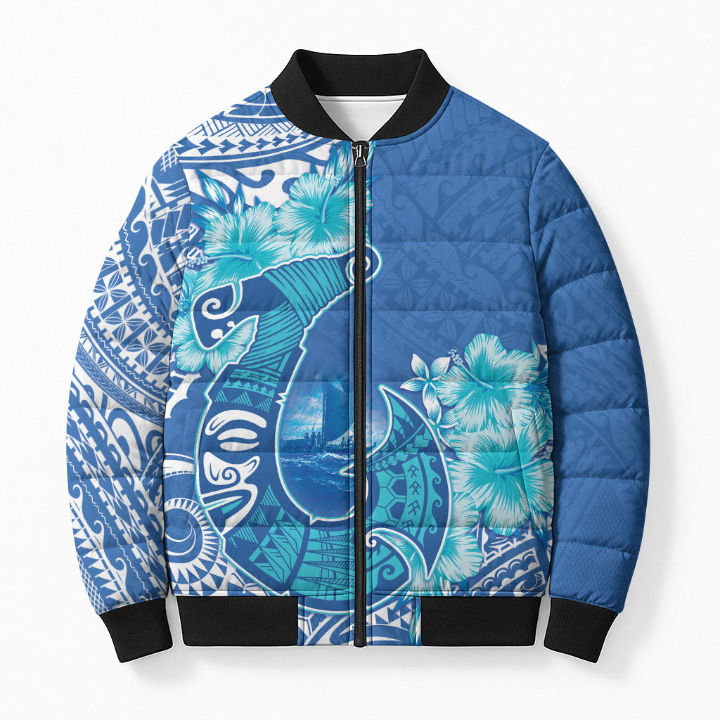 Hawaii Discoverers Day Bomber Puffer Jacket Polynesian Fish Hook With Hibiscus Blue