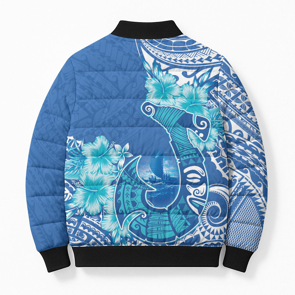 Hawaii Discoverers Day Bomber Puffer Jacket Polynesian Fish Hook With Hibiscus Blue