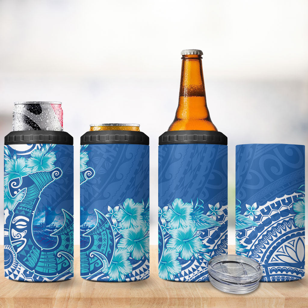 Hawaii Discoverers Day 4 in 1 Can Cooler Tumbler Polynesian Fish Hook With Hibiscus Blue
