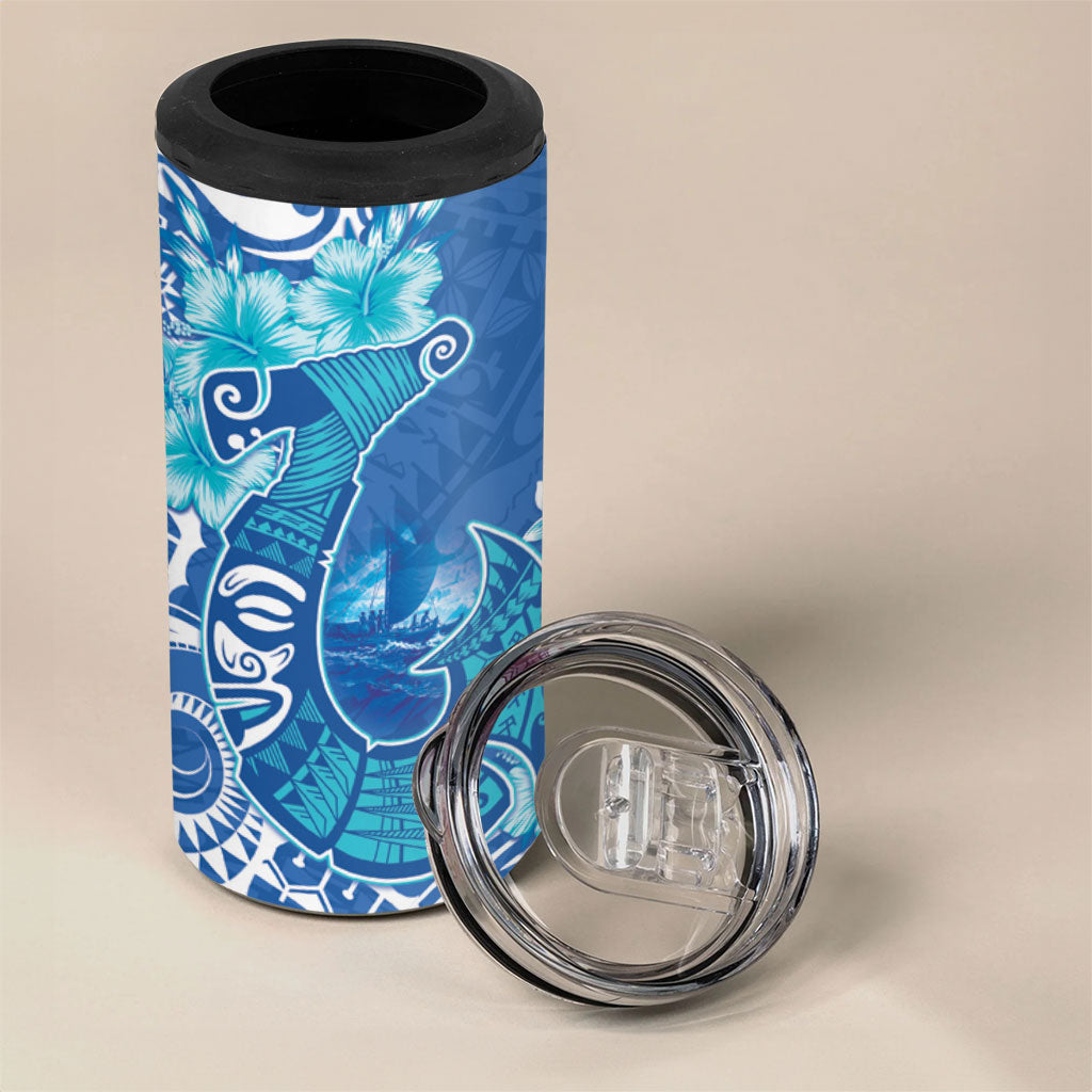 Hawaii Discoverers Day 4 in 1 Can Cooler Tumbler Polynesian Fish Hook With Hibiscus Blue