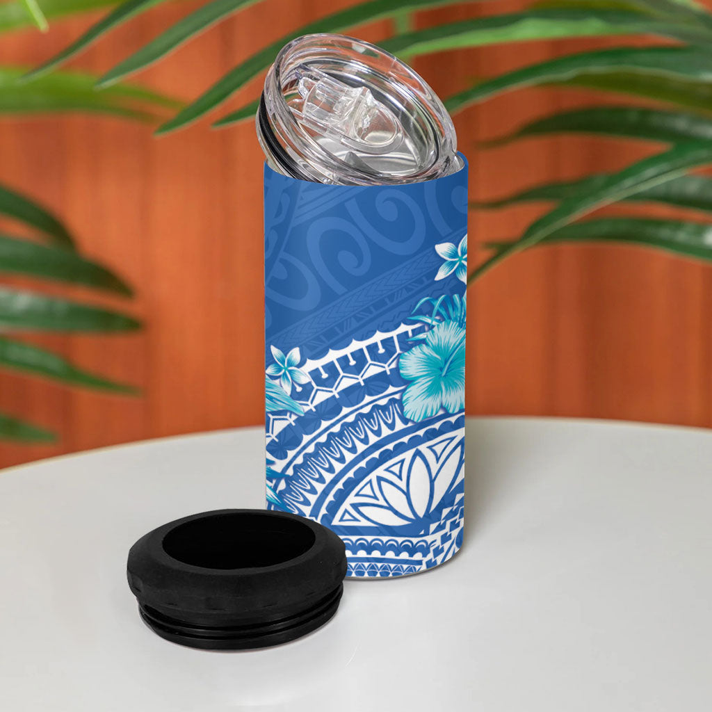 Hawaii Discoverers Day 4 in 1 Can Cooler Tumbler Polynesian Fish Hook With Hibiscus Blue