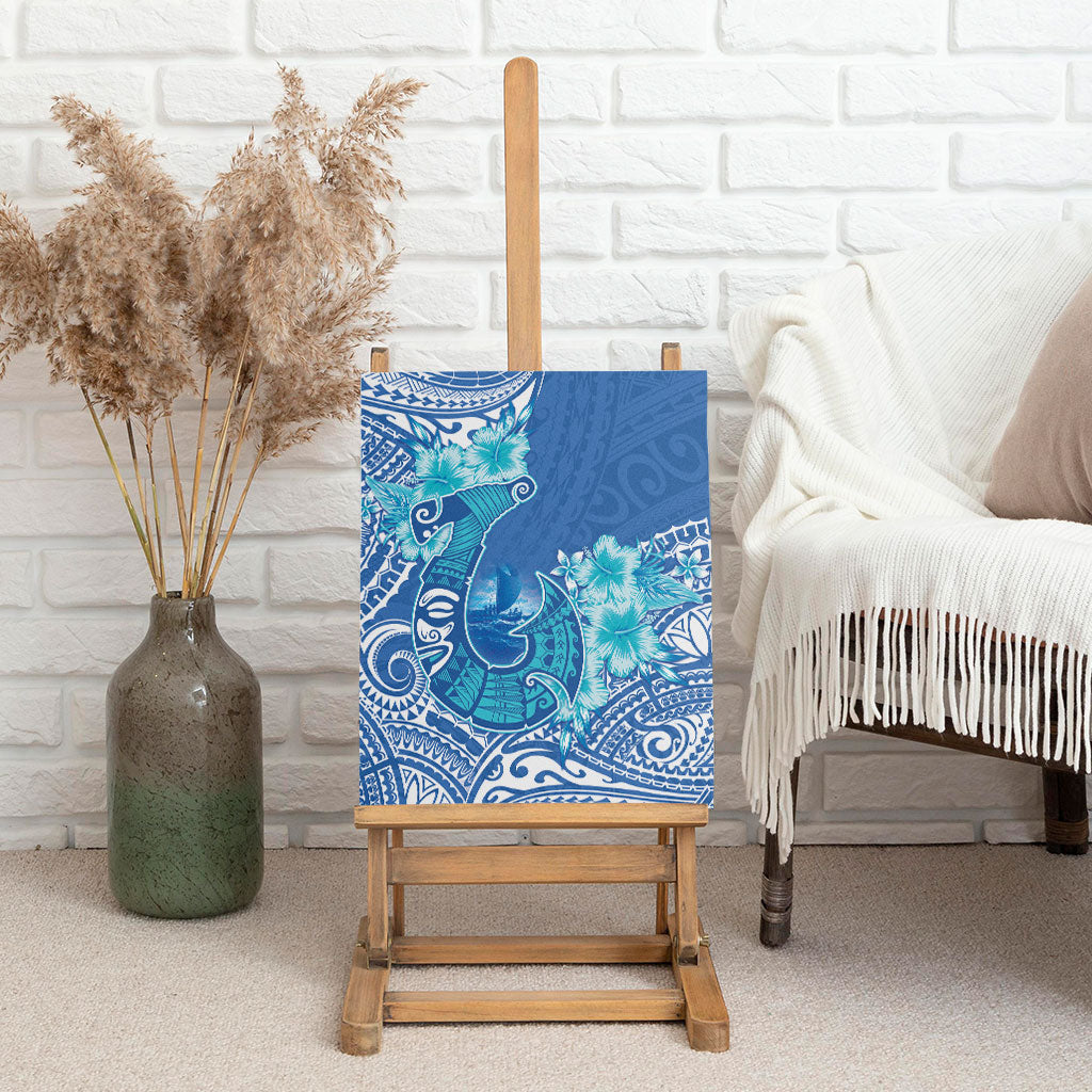 Hawaii Discoverers Day Canvas Wall Art Polynesian Fish Hook With Hibiscus Blue