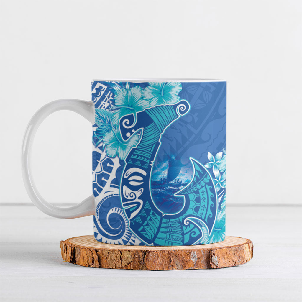 Hawaii Discoverers Day Ceramic Mug Polynesian Fish Hook With Hibiscus Blue