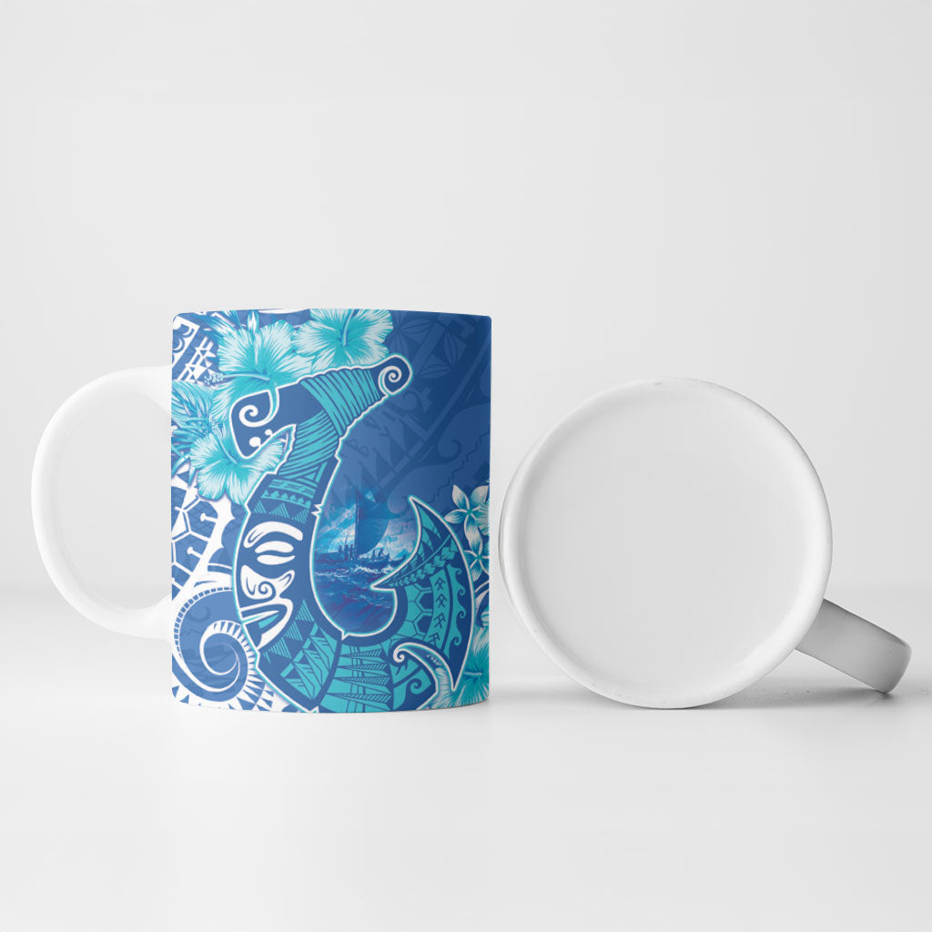 Hawaii Discoverers Day Ceramic Mug Polynesian Fish Hook With Hibiscus Blue