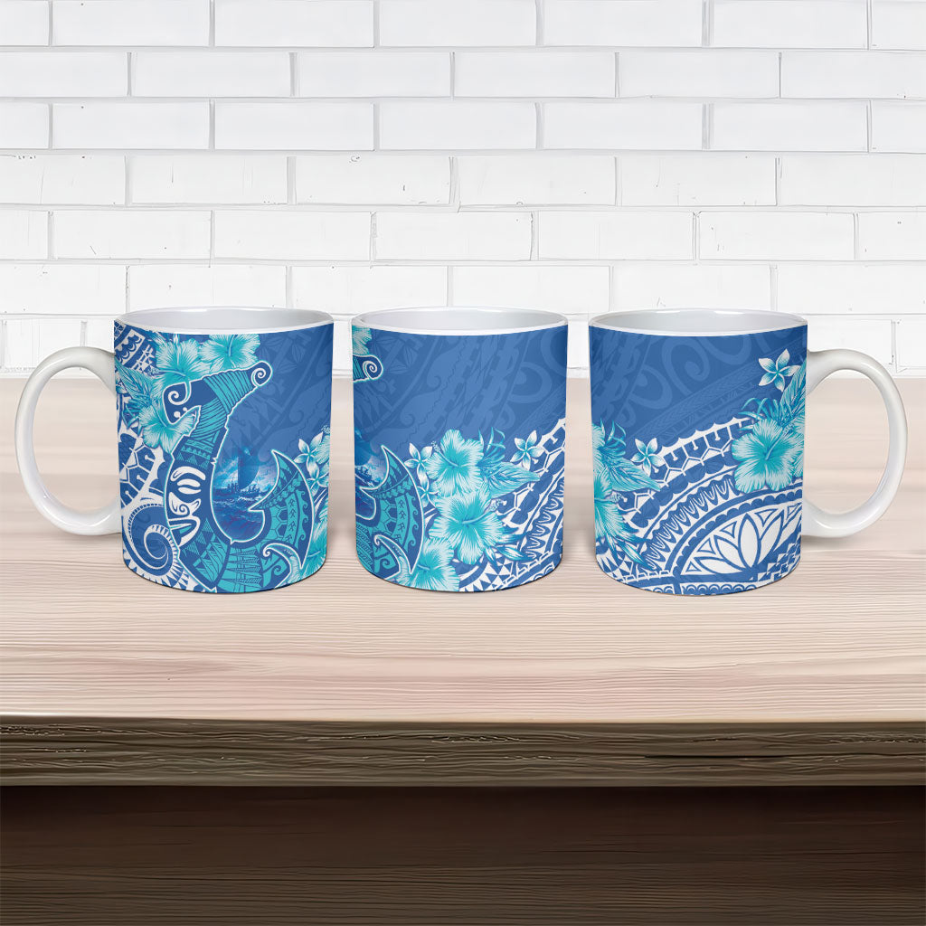 Hawaii Discoverers Day Ceramic Mug Polynesian Fish Hook With Hibiscus Blue