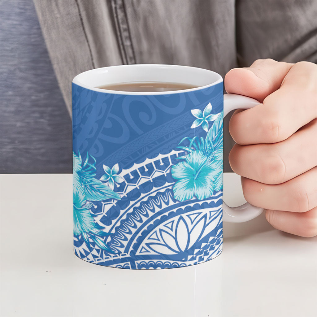 Hawaii Discoverers Day Ceramic Mug Polynesian Fish Hook With Hibiscus Blue