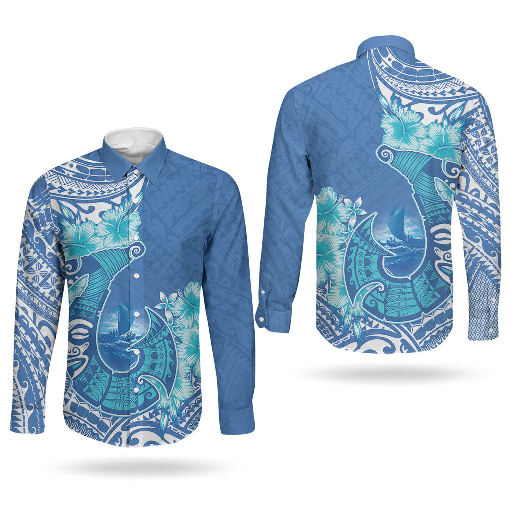 Hawaii Discoverers Day Couples Matching Summer Maxi Dress and Long Sleeve Button Shirt Polynesian Fish Hook With Hibiscus Blue