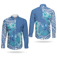 Hawaii Discoverers Day Couples Matching Summer Maxi Dress and Long Sleeve Button Shirt Polynesian Fish Hook With Hibiscus Blue