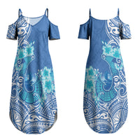 Hawaii Discoverers Day Couples Matching Summer Maxi Dress and Long Sleeve Button Shirt Polynesian Fish Hook With Hibiscus Blue