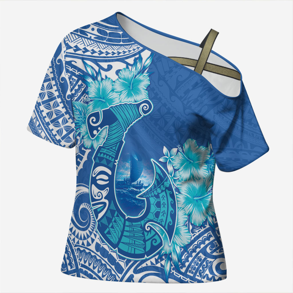 Hawaii Discoverers Day Cross Shoulder Shirt Polynesian Fish Hook With Hibiscus Blue