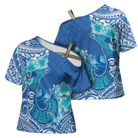 Hawaii Discoverers Day Cross Shoulder Shirt Polynesian Fish Hook With Hibiscus Blue