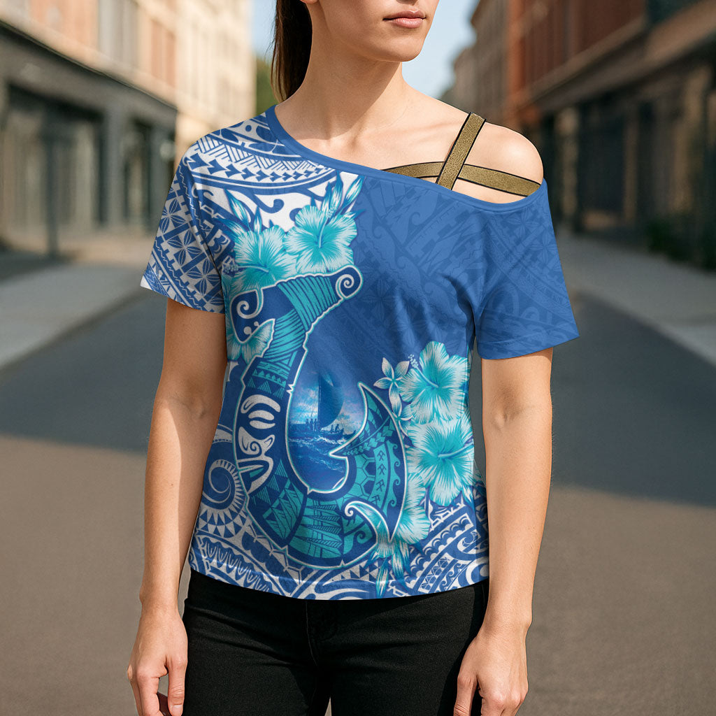 Hawaii Discoverers Day Cross Shoulder Shirt Polynesian Fish Hook With Hibiscus Blue