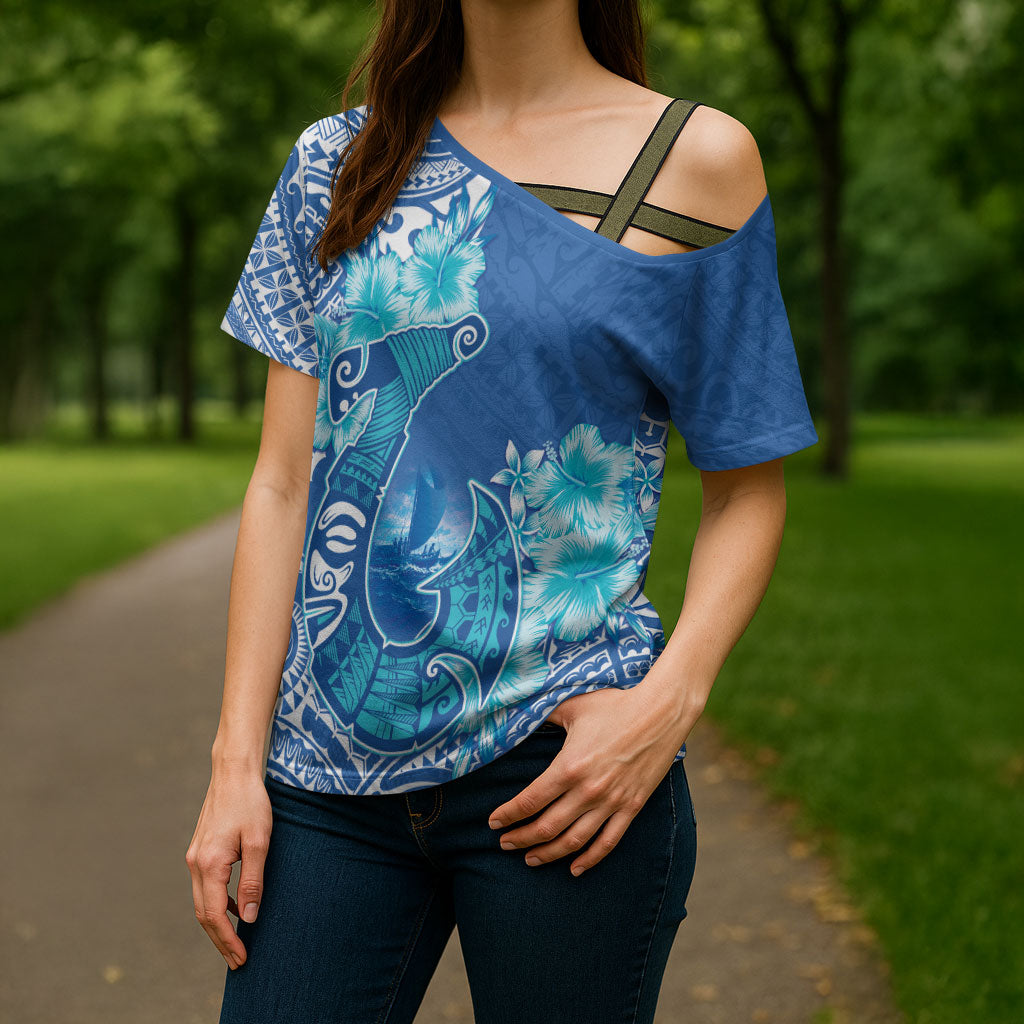 Hawaii Discoverers Day Cross Shoulder Shirt Polynesian Fish Hook With Hibiscus Blue