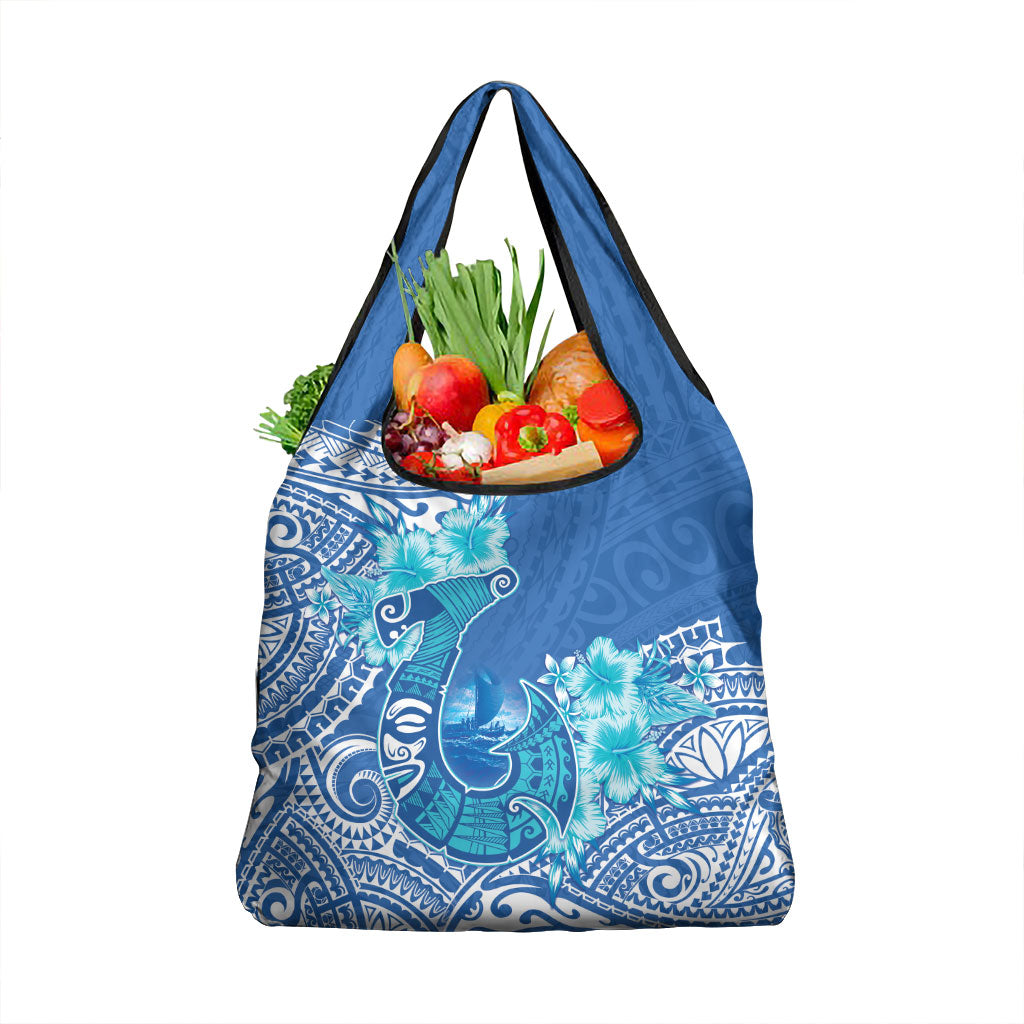 Hawaii Discoverers Day Grocery Bag Polynesian Fish Hook With Hibiscus Blue