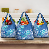 Hawaii Discoverers Day Grocery Bag Polynesian Fish Hook With Hibiscus Blue