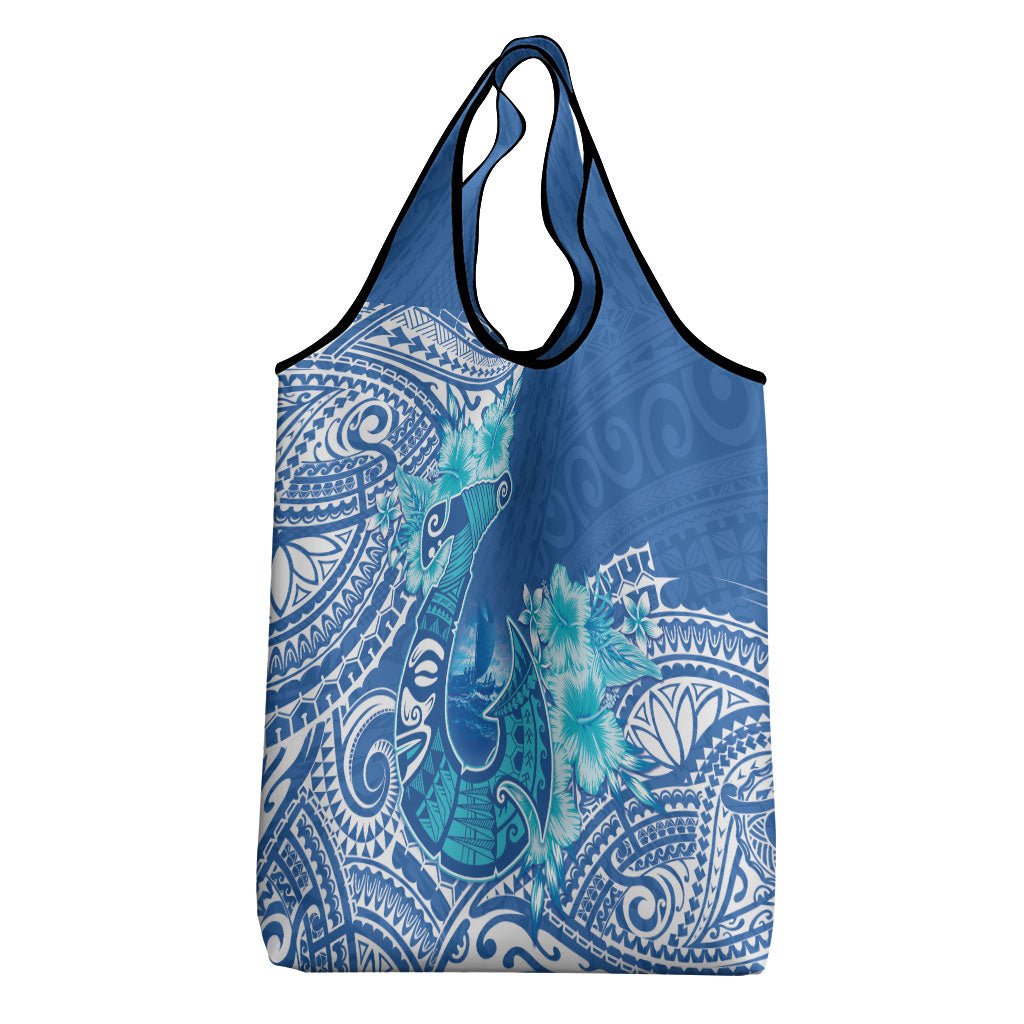 Hawaii Discoverers Day Grocery Bag Polynesian Fish Hook With Hibiscus Blue