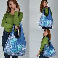 Hawaii Discoverers Day Grocery Bag Polynesian Fish Hook With Hibiscus Blue