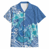 Hawaii Discoverers Day Hawaiian Shirt Polynesian Fish Hook With Hibiscus Blue