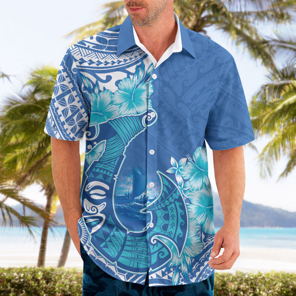 Hawaii Discoverers Day Hawaiian Shirt Polynesian Fish Hook With Hibiscus Blue