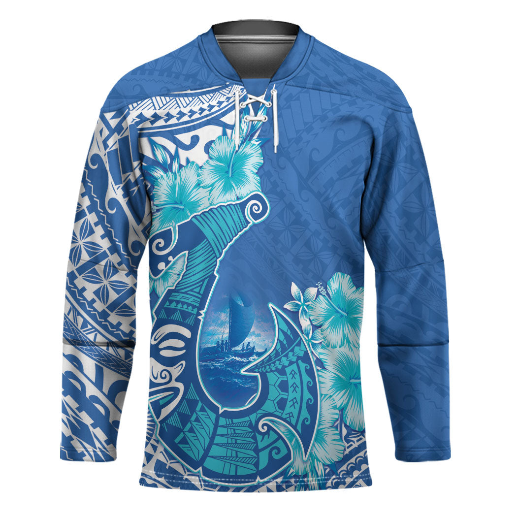 Hawaii Discoverers Day Hockey Jersey Polynesian Fish Hook With Hibiscus Blue