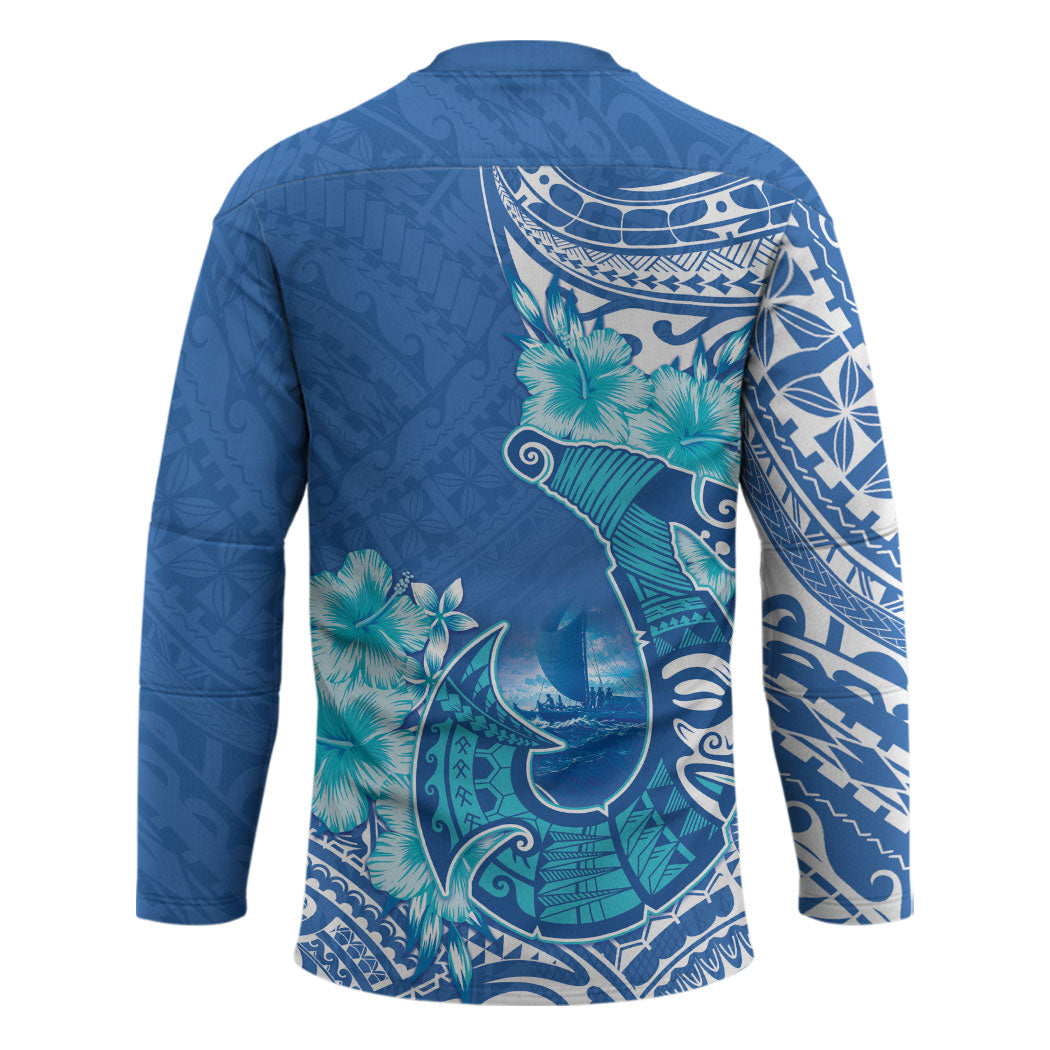 Hawaii Discoverers Day Hockey Jersey Polynesian Fish Hook With Hibiscus Blue