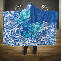 Hawaii Discoverers Day Hooded Blanket Polynesian Fish Hook With Hibiscus Blue