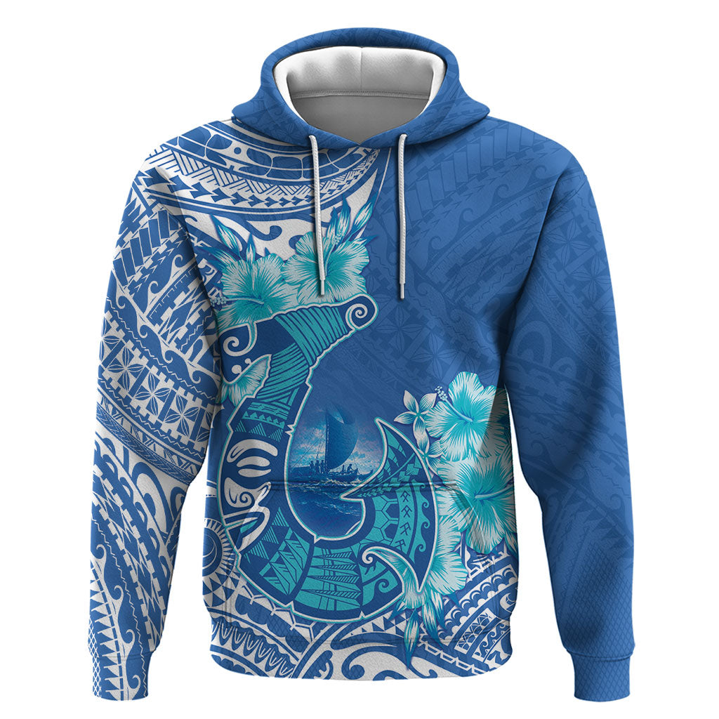 Hawaii Discoverers Day Hoodie Polynesian Fish Hook With Hibiscus Blue