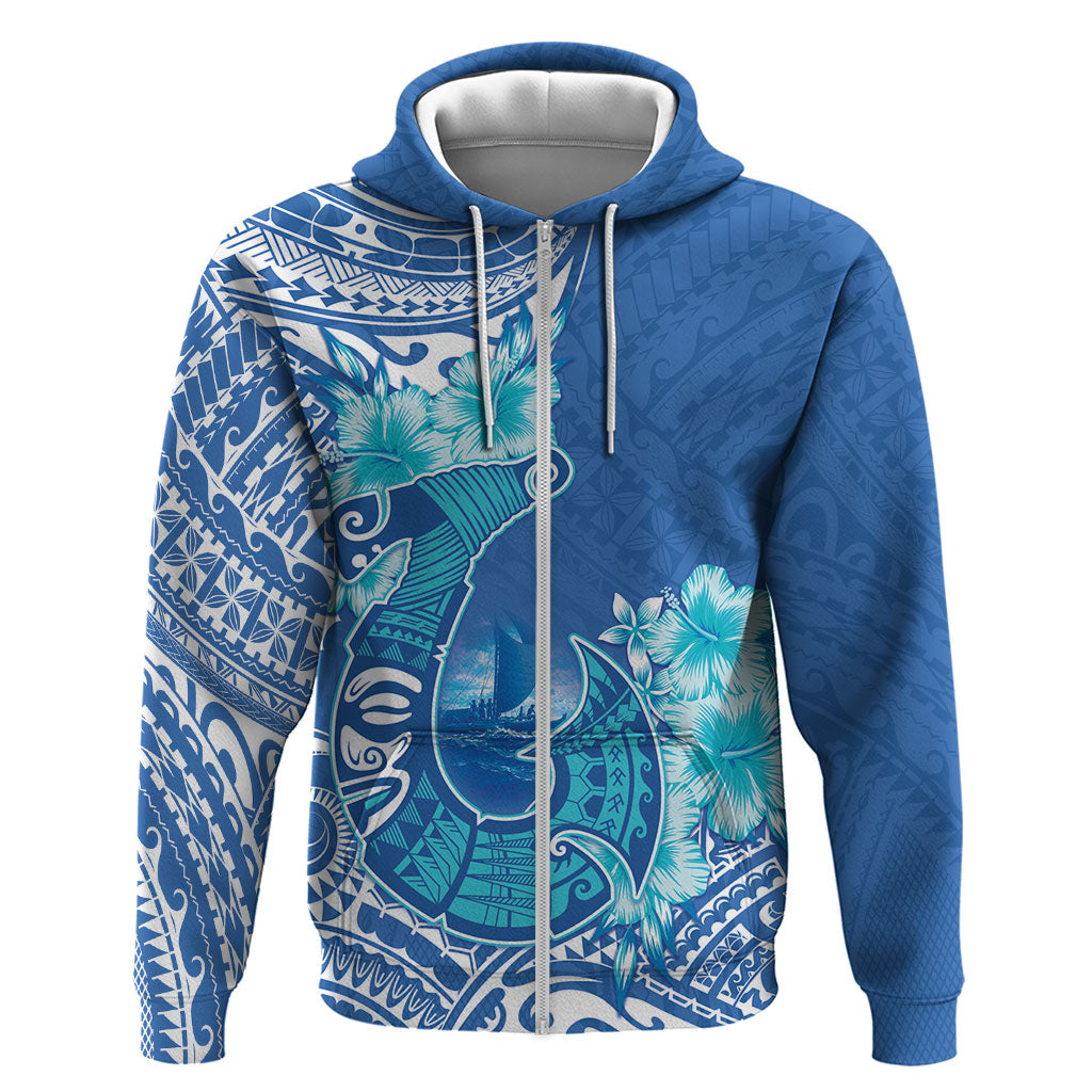 Hawaii Discoverers Day Hoodie Polynesian Fish Hook With Hibiscus Blue