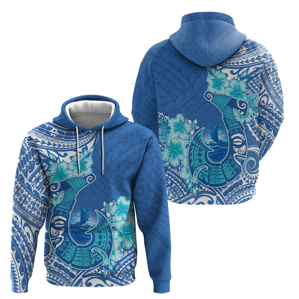 Hawaii Discoverers Day Hoodie Polynesian Fish Hook With Hibiscus Blue